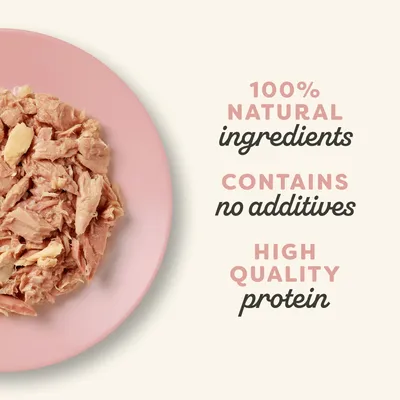 Product features: 100% natural ingredients, contains no additives, high quality protein. Image shows food on a plate next to these claims.