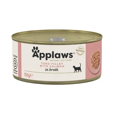Applaws Natural Cat Food, Tuna Fillet with Salmon in Broth, 156g, Certified B Corporation, 100% natural ingredients. Abbildung einer geöffneten Dose mit Fischstücken. Applaws Natural Cat Food, Tuna Fillet with Salmon in Broth, 156g, Certified B Corporation, 100% natural ingredients. Abbildung einer geöffneten Dose mit Fischstücken.