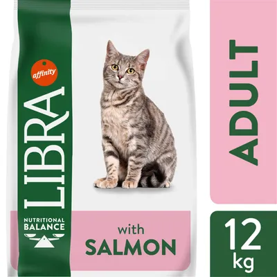 Корм для взрослых кошек LIBRA with salmon, 12 кг. На упаковке изображена серая кошка, надписи: affinity, NUTRITIONAL BALANCE, ADULT.