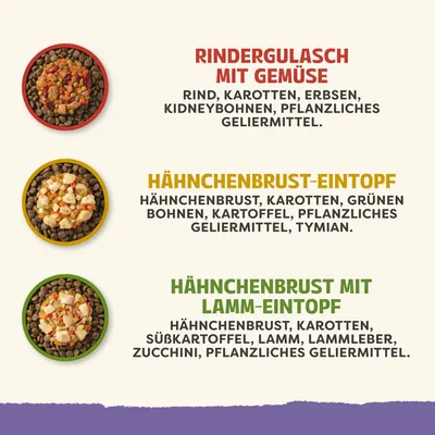 Rindergulasch mit Gemüse: Rind, Karotten, Erbsen, Kidneybohnen, pflanzliches Geliermittel. Hähnchenbrust-Eintopf: Hähnchenbrust, Karotten, grüne Bohnen, Kartoffel, pflanzliches Geliermittel, Thymian. Hähnchenbrust mit Lamm-Eintopf: Hähnchenbrust, Karotten, Süßkartoffel, Lamm, Lammleber, Zucchini, pflanzliches Geliermittel. Rindergulasch mit Gemüse: Rind, Karotten, Erbsen, Kidneybohnen, pflanzliches Geliermittel. Hähnchenbrust-Eintopf: Hähnchenbrust, Karotten, grüne Bohnen, Kartoffel, pflanzliches Geliermittel, Thymian. Hähnchenbrust mit Lamm-Eintopf: Hähnchenbrust, Karotten, Süßkartoffel, Lamm, Lammleber, Zucchini, pflanzliches Geliermittel.
