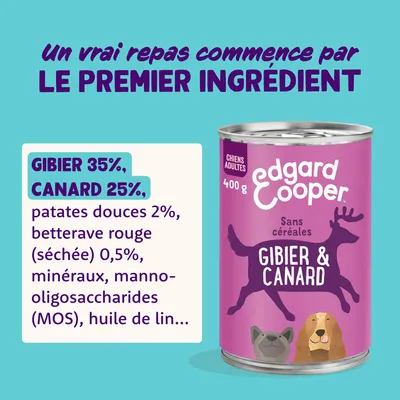 Edgard & Cooper nourriture pour chiens, boîte de 400g. Ingrédients : 35% gibier, 25% canard, patate douce 2%, betterave rouge 0,5%, minéraux, MOS, huile de lin. Sans céréales. Pour chiens adultes.