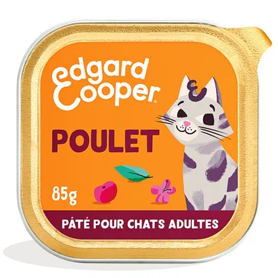 Edgard Cooper Poulet, 85g. Pâté pour chats adultes au poulet, illustré avec un chat et des ingrédients sur un emballage orange.