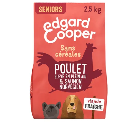Edgard Cooper Seniors 2,5 kg, sans céréales, poulet élevé en plein air et saumon norvégien, viande fraîche, texte visible sur l’emballage.