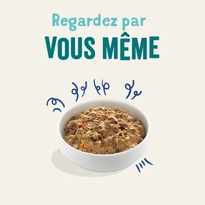 Regardez par VOUS MÊME. Bol de pâtée pour animaux vu de dessus, texte en français au-dessus du bol.