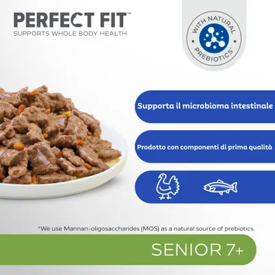 Perfect Fit Senior 7+, supporta il microbioma intestinale, prodotto con componenti di prima qualità, con prebiotici naturali. Indicazioni per animali senior da 7 anni in su.