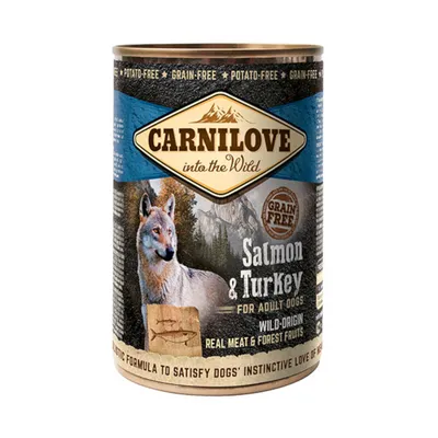 Carnilove into the Wild, Salmon & Turkey für erwachsene Hunde. Grain-Free, Wild-Origin, echtes Fleisch und Waldfrüchte. Kartoffelfrei.