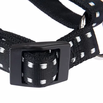 Närbild av ett svart halsband med vita dekorationssömmar och plastspänne.