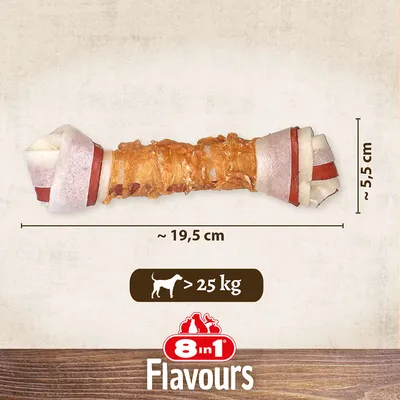 8in1 Flavours žvečilna kost, dolžina približno 19,5 cm, širina približno 5,5 cm, primerno za pse nad 25 kg.