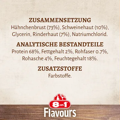 Samenstelling: kipfilet 73%, varkenshuid 10%, glycerine, runderhuid 7%, natriumchloride. Analytische bestanddelen: eiwit 68%, vetgehalte 2%, ruwe vezel 0,7%, ruwe as 4%, vochtgehalte 18%. Toevoegingen: kleurstoffen.