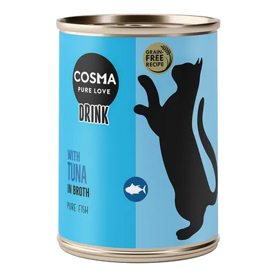 Boîte Cosma Pure Love Drink, recette sans céréales, texte en anglais : with tuna in broth, pure fish. Silhouette de chat noir sur fond bleu.