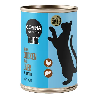 Boîte Cosma Pure Love Drink, recette sans céréales, texte visible : with chicken and liver in broth, pure meat. Silhouette de chat et icônes poulet et foie.