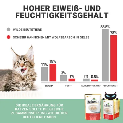 Vergleich von Nährwerten: Schesir Hähnchen mit Wolfsbarsch in Gelee vs. wilde Beutetiere. Hoher Eiweiss- und Feuchtigkeitsgehalt. Ideale Ernährung für Katzen wie natürliche Beute.