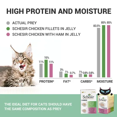 Fehérje, zsír, szénhidrát és nedvesség összehasonlító diagram: Actual Prey, Schesir Chicken Fillets in Jelly, Schesir Chicken with Ham in Jelly. Két Schesir termékcsomagolás látható.