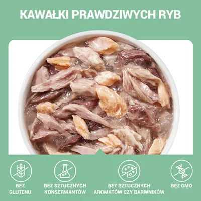 Kawałki prawdziwych ryb w misce. Bez glutenu, bez sztucznych konserwantów, bez sztucznych aromatów czy barwników, bez GMO – tekst i symbole widoczne na obrazku.