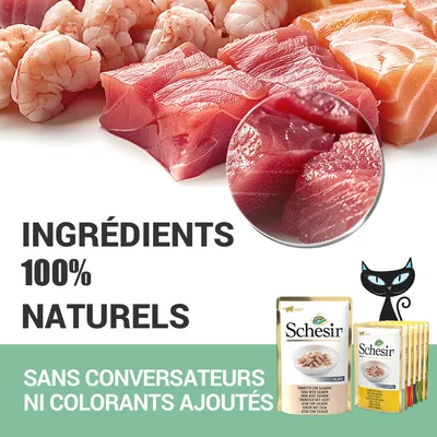 Schesir. Ingrédients 100% naturels. Sans conservateurs ni colorants ajoutés. Sachets de nourriture pour chat avec morceaux de poisson et crevettes visibles.