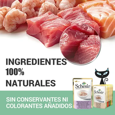 Schesir. Ingredientes 100% naturales. Sin conservantes ni colorantes añadidos. Imagen de trozos de pescado y marisco crudo junto a sobres de comida para gatos Schesir.