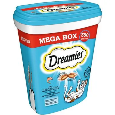 Dreamies Mega Box 350 gram, met zalmsmaak. Afbeelding van een kat en twee snacks op de verpakking. Tekst in Duits en Frans: 'Mit schmackhaftem Lachs Geschmack', 'Avec une succulente saveur au saumon'.