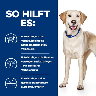 So hilft es: Verbesserung der Verdauung und Kotbeschaffenheit, Pflege der Haut mit sichtbarer Verbesserung, Aufrechterhaltung einer gesunden Hautbarriere.