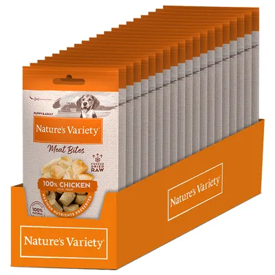 Nature's Variety Meat Bites, 100% kip, gevriesdroogd, voor puppy's en volwassen honden. Maximale voedingsstoffen behouden, 100% natuurlijk.