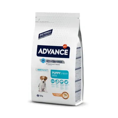 Advance Puppy Mini 2-10 месяцев, 1,5 кг. С ActiveDefense и BabyProtect формулой. Курица и рис. Для маленьких собак. Научно доказано, новая формула с натуральными антиоксидантами.