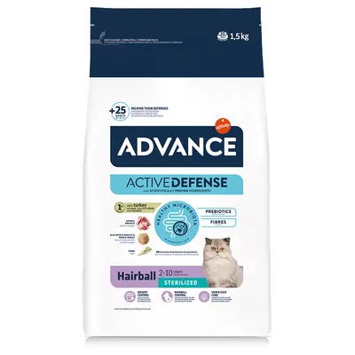 Advance Active Defense krmivo pro kočky, Hairball Sterilized, 2–10 let, s krůtou, prebiotiky a vlákninou, kontrola hmotnosti, péče o kůži a srst, 1,5 kg.