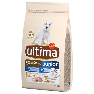 Sac de croquettes Ultima Affinity junior pour chien mini <10 kg, 2–10 mois, saveur poulet, sans colorants ni conservateurs, 1,5 kg. Texte en espagnol et italien visible.