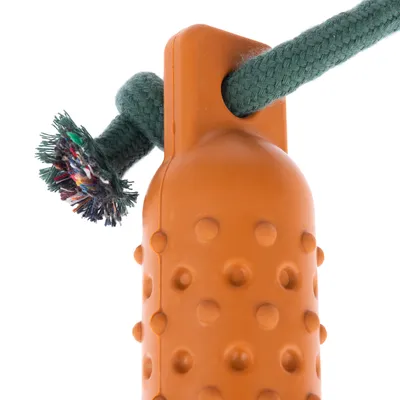 Legetøj af orange plast med grønt reb og farverige frynser.