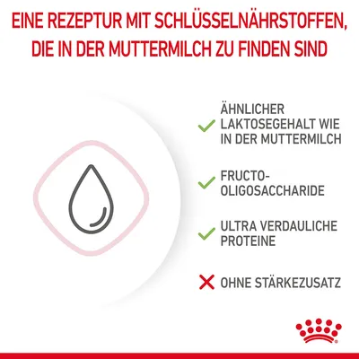 Eine Rezeptur mit Schlüsselnährstoffen wie in der Muttermilch: ähnlicher Laktosegehalt, Fructo-Oligosaccharide, ultra verdauliche Proteine, ohne Stärkezusatz.