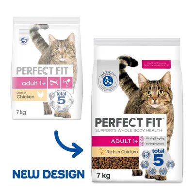 Deux sacs de croquettes pour chat Perfect Fit Adult 1+ Rich in Chicken 7 kg, ancien et nouveau design, mentions visibles : total 5, vitality & agility, strong muscles, made with high quality ingredients.