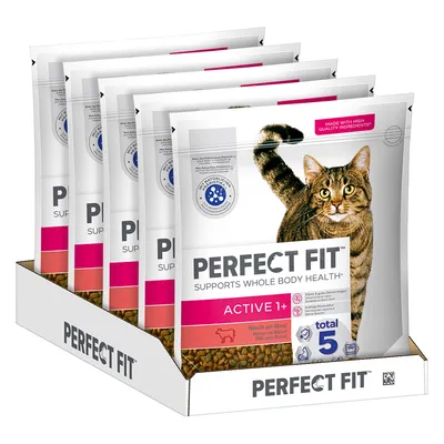 Perfect Fit Supports Whole Body Health Active 1+ kattemad, total 5, Rich in Beef, Made with High Quality Ingredients, flere poser i papbakke med billede af kat på emballagen.