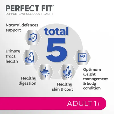 PERFECT FIT total 5. Natural defences support, urinary tract health, healthy digestion, healthy skin & coat, optimum weight management & body condition. ADULT 1+. Tekst på engelsk.