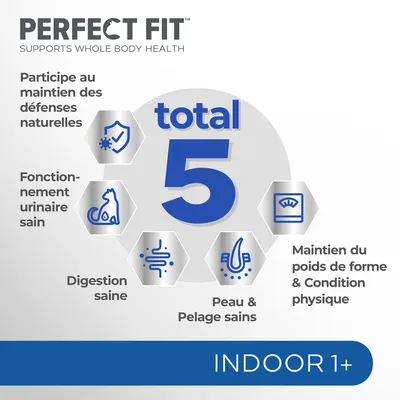 PERFECT FIT total 5 : participe au maintien des défenses naturelles, fonctionnement urinaire sain, digestion saine, peau et pelage sains, maintien du poids de forme. INDOOR 1+.