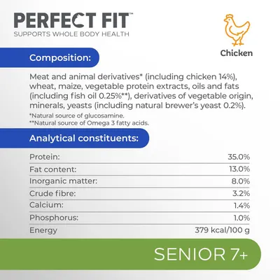 PERFECT FIT Chicken. Sammensætning: kød og animalske biprodukter (inkl. kylling 14 %), hvede, majs, vegetabilske proteinekstrakter, olier og fedtstoffer. Protein 35 %, fedt 13 %, energi 379 kcal/100 g. Senior 7+.