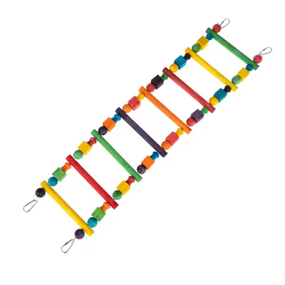 Échelle en bois multicolore avec barreaux et perles, équipée de crochets métalliques à chaque extrémité pour fixation. Convient aux cages d’oiseaux ou petits animaux selon l’image.