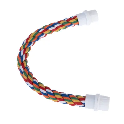 Perchoir flexible en corde multicolore avec embouts en plastique blanc, forme courbée visible, sans marque apparente.