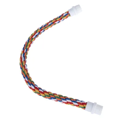 Perchoir flexible en corde tressée multicolore avec embouts blancs en plastique, visible sans marque ni texte.