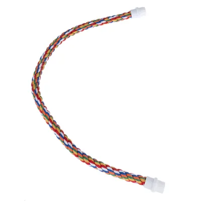 Perchoir flexible en corde tressée multicolore avec embouts blancs, visible sans marque ni texte.