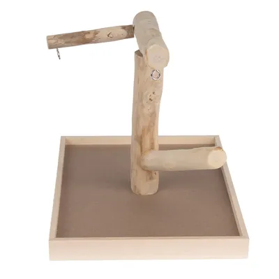 Wooden perch stand with three natural branches and a square base, designed for birds to sit or climb on. Includes metal hooks for attaching toys or accessories.