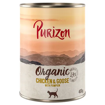 Purizon Organic Chicken & Goose s tekvicou, 13 % mäsa a vnútorností, 400g konzerva. Kvalitné krmivo pre mačky.