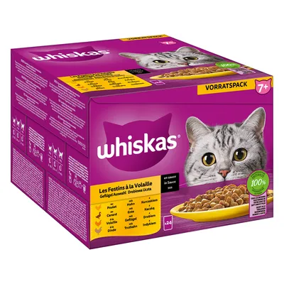 Whiskas 7+ Vorratspack kattemad, Les Festins à la Volaille, 24 portioner i sauce. Synlig tekst: 100 % komplet, kylling, and, kalkun, gås. Billede af kat og skål med foder.
