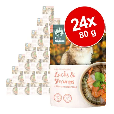 Pack de 24 sobres Pure Nature, comida húmeda para gatos, Lachs & Shrimps mit Brunnenkresse, cada sobre de 80 g. Imagen del producto y texto en alemán visibles.