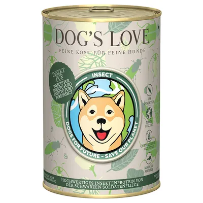 Dog's Love vådfoder med insektprotein, 65% insekter, bæredygtig og kornfri opskrift, produceret i Østrig. Tekst: 'Dogs for Future - Save Our Planet'.