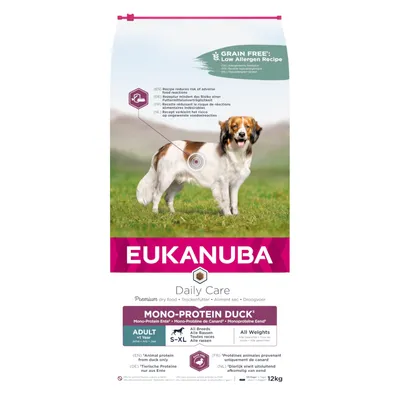 Eukanuba Daily Care hrană uscată pentru câini, mono-proteină rață, fără cereale, reduce riscul reacțiilor nedorite, potrivită pentru toate rasele și dimensiunile, 12kg.