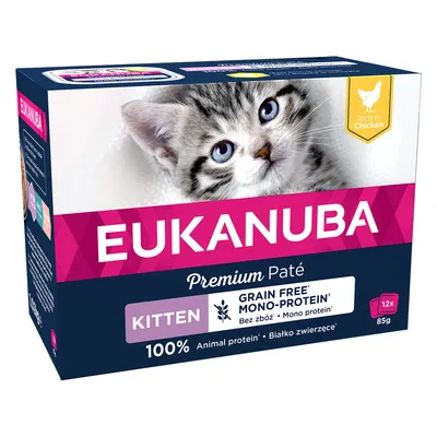 Eukanuba Premium Paté Kitten, bez obilovin, jedno protein, bohaté na kuřecí, 100% živočišné bílkoviny, 12x85g.