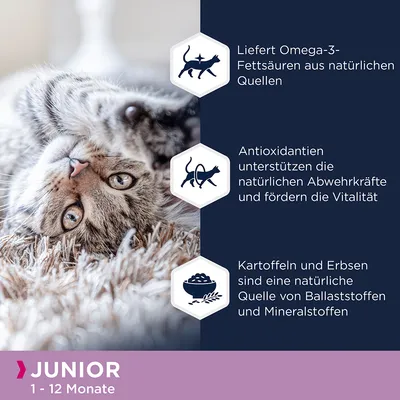 Junior Katzenfutter für 1-12 Monate: Omega-3-Fettsäuren aus natürlichen Quellen, Antioxidantien fördern Abwehrkräfte und Vitalität, Kartoffeln und Erbsen liefern Ballaststoffe und Mineralstoffe.