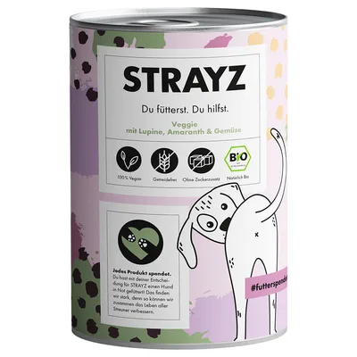 STRAYZ Veggie mit Lupine, Amaranth & Gemüse. 100% Vegan, Getreidefrei, Ohne Zuckerzusatz, Natürlich Bio. Jede Dose spendet Futter für Hunde in Not. #futterspenden.