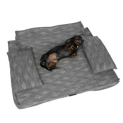 Graues Hundebett mit geometrischem Muster, zwei Kissen und einem kleinen Hund darauf liegend.