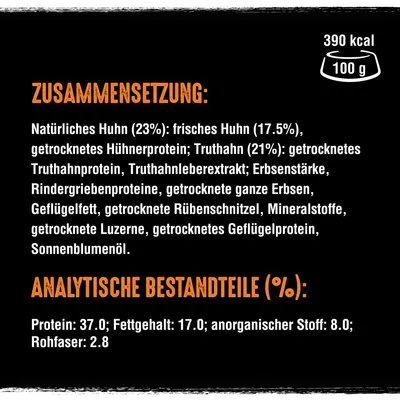 Zusammensetzung: Huhn 23%, Truthahn 21%, Erbsenstärke, Rindereiweiss. Analytische Bestandteile: Protein 37%, Fettgehalt 17%, anorganischer Stoff 8%, Rohfaser 2.8%. 390 kcal/100 g.