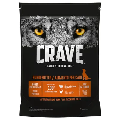 Crave Hundefutter mit hohem Proteingehalt, hergestellt mit 100% natürlichem Huhn, frischem Huhn, ohne Getreide. Mit Truthahn und Huhn. Verpackung zeigt Wolfsgesicht.