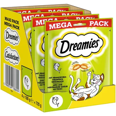 Dreamies Mega Pack, 4 x 180 g, cu aromă de ton. Greutate totală 720 g.